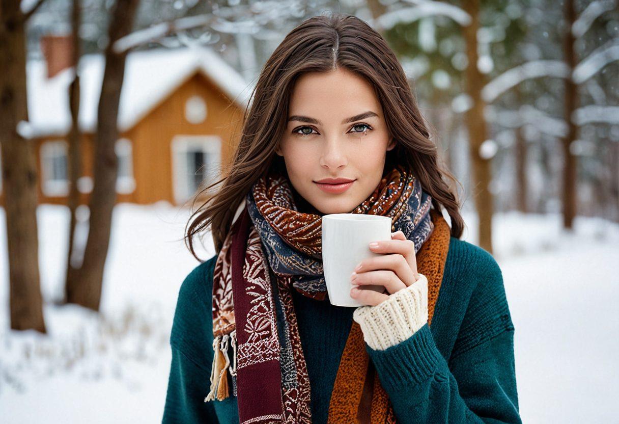 A cozy winter scene featuring a beautifully styled cowl in rich textures and earthy tones, surrounded by an array of fashionable scarves in diverse patterns and colors. Include a softly lit background of a snowy landscape with warm, inviting elements like a hot drink and softly falling snowflakes. This setup showcases the elegance and functionality of winter neckwear. super-realistic. vibrant colors. warm tones.
