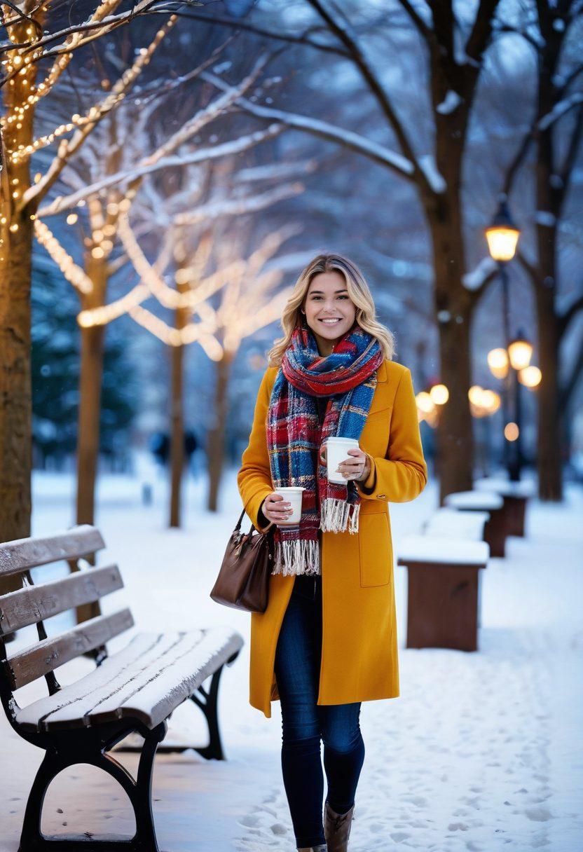 An inviting winter scene featuring a stylish woman wrapped in a chic oversized knit scarf, layered with colorful outerwear. She is strolling through a snowy park lined with trees adorned with twinkling lights, emphasizing warmth and fashion. The ground is blanketed with fresh snow, and cozy hot drinks are seen nearby. Capture the essence of cold-weather fashion in a playful, cozy atmosphere. vibrant colors. super-realistic. winter wonderland.